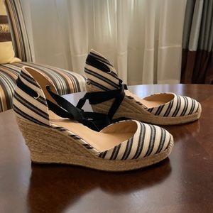 Jcrew black/champagne ankle wrap wedge espadrille
